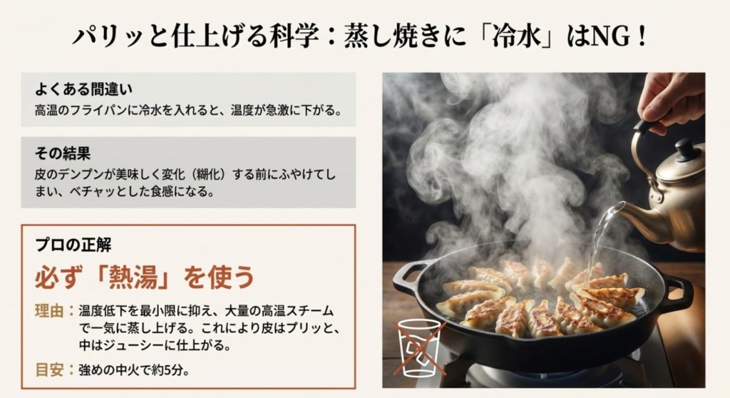 フライパンでパリパリに焼く熱湯活用術