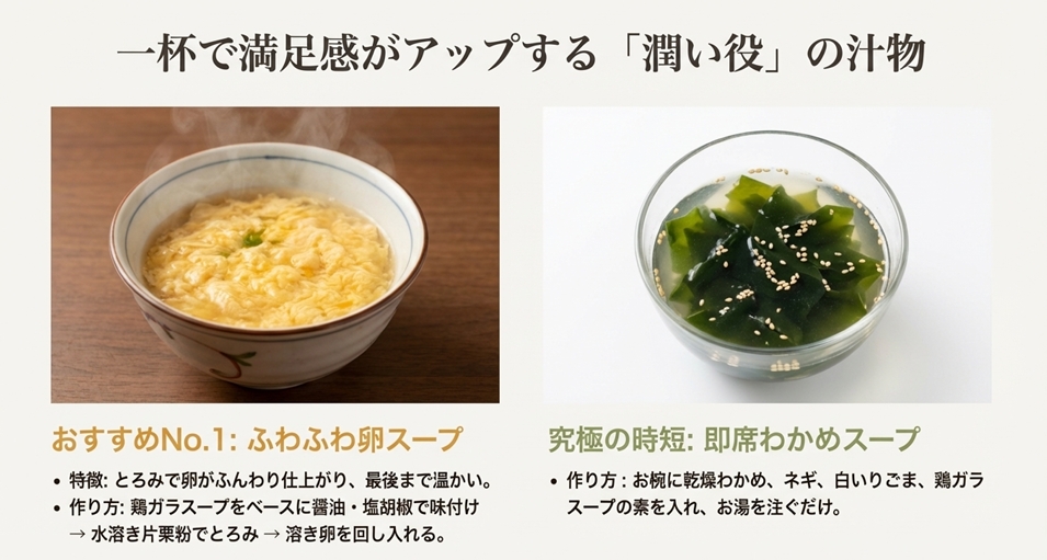 栄養満点のスープや汁物で満足度アップ