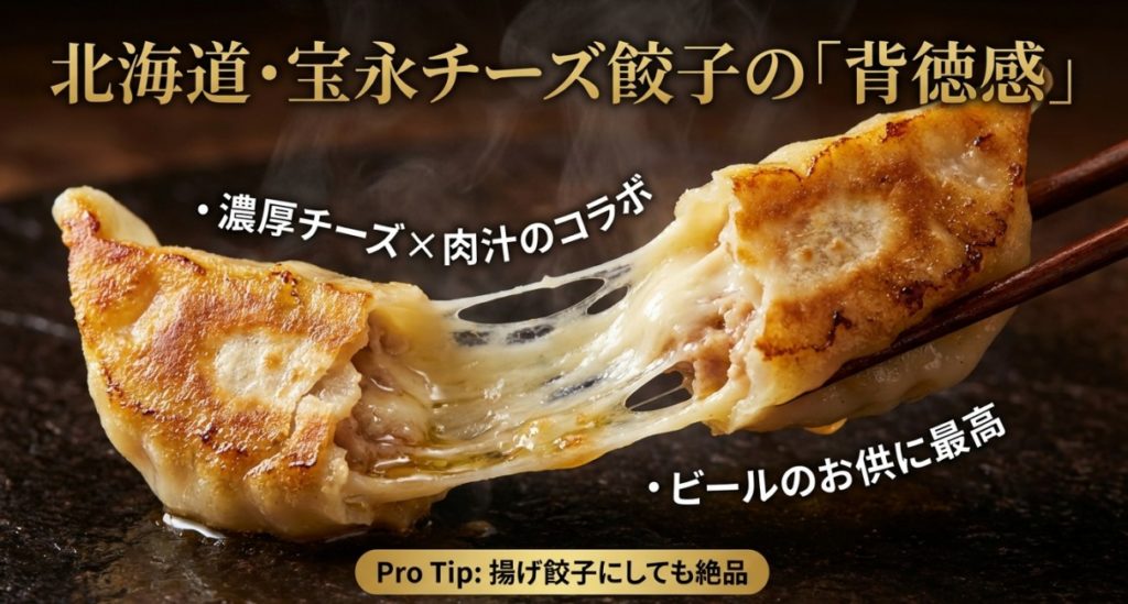 宝永チーズ餃子の背徳的な味わいと調理法を示す画像。